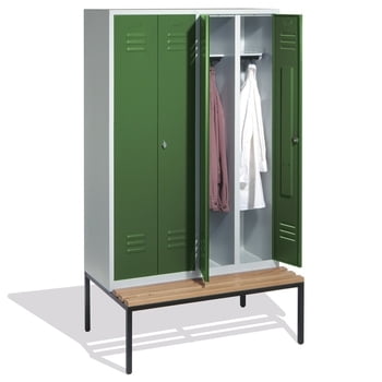 Doppel-Spindschrank mit 2 Doppeltüren, Umkleide, Garderobe, Sitzbank aus Holz, 4 Abteile a 300 mm, Türfarbe resedagrün, 2.090 x 1.190 x 815 mm (HxBxT) Doppel-Spindschrank mit 2 Doppeltüren, Umkleide, Garderobe, Sitzbank aus Holz, 4 Abteile a 300 mm, Türfarbe resedagrün, 2.090 x 1.190 x 815 mm (HxBxT)