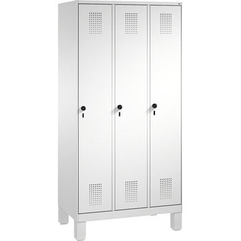 Garderobenschrank, Spindschrank, Umkleide auf Füßen, 3 Abteile je 400 mm, Türfarbe rubinrot, Korpusfarbe lichtgrau, 1.850 x 1.200 x 500 mm (HxBxT) Garderobenschrank, Spindschrank, Umkleide auf Füßen, 3 Abteile je 400 mm, Türfarbe rubinrot, Korpusfarbe lichtgrau, 1.850 x 1.200 x 500 mm (HxBxT)