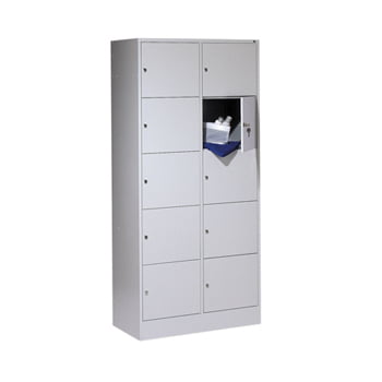 Schließfachschrank, Wertfachschrank, Spindschrank, 10 Fächer (5 x 2), Korpus lichtgrau, Türfarbe enzianblau, 1.950 x 900 x 480 mm (HxBxT) Schließfachschrank, Wertfachschrank, Spindschrank, 10 Fächer (5 x 2), Korpus lichtgrau, Türfarbe enzianblau, 1.950 x 900 x 480 mm (HxBxT)