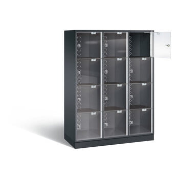 Schließfachschrank, Fächerschrank mit Türen aus Acrylglas, 12 Fächer (4 x 3), Farbe schwarzgrau, 1.750 x 1.220 x 500 mm (HxBxT), mit Zylinderschloss Schließfachschrank, Fächerschrank mit Türen aus Acrylglas, 12 Fächer (4 x 3), Farbe schwarzgrau, 1.750 x 1.220 x 500 mm (HxBxT), mit Zylinderschloss