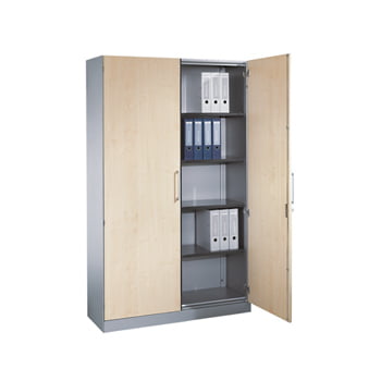 Stahl-Büroschrank, Aktenschrank, Ordnerschrank mit Flügeltüren, 4 Fachböden, Korpusfarbe weißaluminium, Türen Esche, 1.980 x 1.200 x 435 mm (HxBxT) Stahl-Büroschrank, Aktenschrank, Ordnerschrank mit Flügeltüren, 4 Fachböden, Korpusfarbe weißaluminium, Türen Esche, 1.980 x 1.200 x 435 mm (HxBxT)