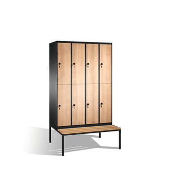 Garderobenschrank, Umkleide mit Sitzbank, 8 Fächer (2 x 4) a 400 mm, Farbe schwarzgrau, Türen Holzdekor Eiche, 2.090 x 1.600 x 815 mm (HxBxT) Garderobenschrank, Umkleide mit Sitzbank, 8 Fächer (2 x 4) a 400 mm, Farbe schwarzgrau, Türen Holzdekor Eiche, 2.090 x 1.600 x 815 mm (HxBxT)