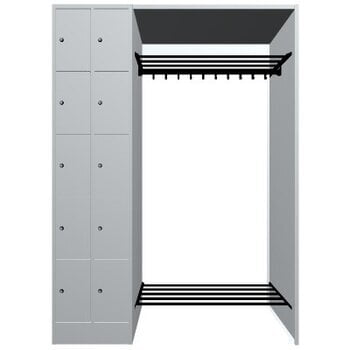 Garderobenanlage, Offene Garderobe mit Spindschrank, 10 Fächer, links, Korpusfarbe lichtgrau, Türfarbe lichtgrau, 1.950 x 1.410 x 480 mm (HxBxT) Garderobenanlage, Offene Garderobe mit Spindschrank, 10 Fächer, links, Korpusfarbe lichtgrau, Türfarbe lichtgrau, 1.950 x 1.410 x 480 mm (HxBxT)
