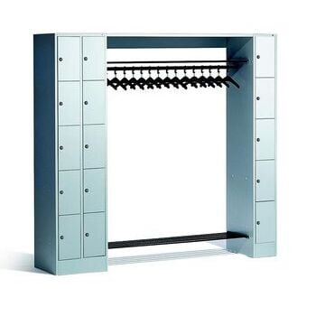 Garderobenanlage, Offene Garderobe mit Spindschrank, 15 Fächer, links/rechts, Korpus lichtgrau, Türfarbe lichtgrau, 1.950 x 2.100 x 480 mm (HxBxT) Garderobenanlage, Offene Garderobe mit Spindschrank, 15 Fächer, links/rechts, Korpus lichtgrau, Türfarbe lichtgrau, 1.950 x 2.100 x 480 mm (HxBxT)