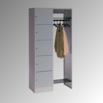 Garderobenanlage, Offene Garderobe mit Spindschrank, 5 Fächer, links, Korpusfarbe lichtgrau, Türfarbe rubinrot, 1.950 x 960 x 480 mm (HxBxT) Garderobenanlage, Offene Garderobe mit Spindschrank, 5 Fächer, links, Korpusfarbe lichtgrau, Türfarbe rubinrot, 1.950 x 960 x 480 mm (HxBxT)
