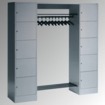 Garderobenanlage, Offene Garderobe mit Spindschrank, 10 Fächer, links/rechts, Korpus lichtgrau, Türfarbe enzianblau, 1.950 x 1.870 x 480 mm (HxBxT) Garderobenanlage, Offene Garderobe mit Spindschrank, 10 Fächer, links/rechts, Korpus lichtgrau, Türfarbe enzianblau, 1.950 x 1.870 x 480 mm (HxBxT)