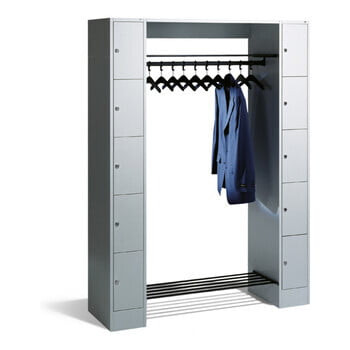 Offene Garderobe mit Wertfachschrank, vandalismusgeschützt, 10 Fächer, Korpus schwarzgrau, Türfarbe weißaluminium, 1.950 x 1.742 x 560 mm (HxBxT) Offene Garderobe mit Wertfachschrank, vandalismusgeschützt, 10 Fächer, Korpus schwarzgrau, Türfarbe weißaluminium, 1.950 x 1.742 x 560 mm (HxBxT)