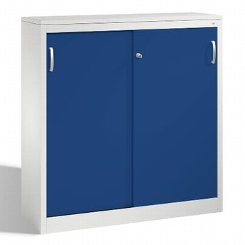Stahl Schiebetürenschrank, Aktenschrank, Büroschrank, 2 Fachböden, Korpusfarbe lichtgrau, Frontfarbe enzianblau, 1.200 x 1.200 x 400 mm (HxBxT) Stahl Schiebetürenschrank, Aktenschrank, Büroschrank, 2 Fachböden, Korpusfarbe lichtgrau, Frontfarbe enzianblau, 1.200 x 1.200 x 400 mm (HxBxT)