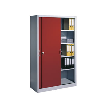 Stahl Schiebetürenschrank, Aktenschrank, Büroschrank, 8 Fachböden, Korpusfarbe lichtgrau, Frontfarbe rubinrot, 1.950 x 1.600 x 400 mm (HxBxT) Stahl Schiebetürenschrank, Aktenschrank, Büroschrank, 8 Fachböden, Korpusfarbe lichtgrau, Frontfarbe rubinrot, 1.950 x 1.600 x 400 mm (HxBxT)