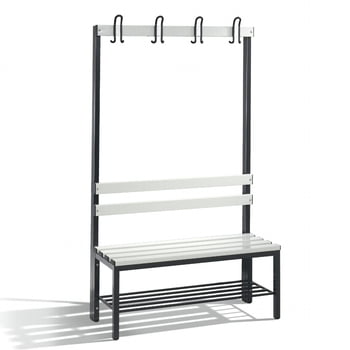 C+P Sitzbank für Umkleide und Garderobe, Rückenlehne, 4 Doppelhaken, Schuhrost, Gestell rubinrot, Kunststoffleisten, 1.650 x 1.000 x 403 mm (HxBxT) C+P Sitzbank für Umkleide und Garderobe, Rückenlehne, 4 Doppelhaken, Schuhrost, Gestell rubinrot, Kunststoffleisten, 1.650 x 1.000 x 403 mm (HxBxT)