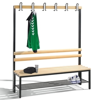 C+P Sitzbank für Umkleide und Garderobe, Rückenlehne, 6 Doppelhaken, Schuhrost, Gestell lichtblau, Hartholzleisten, 1.650 x 1.500 x 403 mm (HxBxT) Produktbild 0 C+P Sitzbank für Umkleide und Garderobe, Rückenlehne, 6 Doppelhaken, Schuhrost, Gestell lichtblau, Hartholzleisten, 1.650 x 1.500 x 403 mm (HxBxT) online kaufen - Verwendung 0