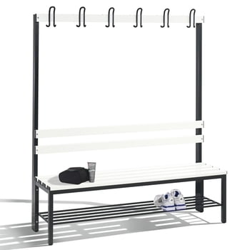 C+P Sitzbank für Umkleide und Garderobe, Rückenlehne, 6 Doppelhaken, Schuhrost, Gestell rubinrot, Kunststoffleisten, 1.650 x 1.500 x 403 mm (HxBxT) C+P Sitzbank für Umkleide und Garderobe, Rückenlehne, 6 Doppelhaken, Schuhrost, Gestell rubinrot, Kunststoffleisten, 1.650 x 1.500 x 403 mm (HxBxT)