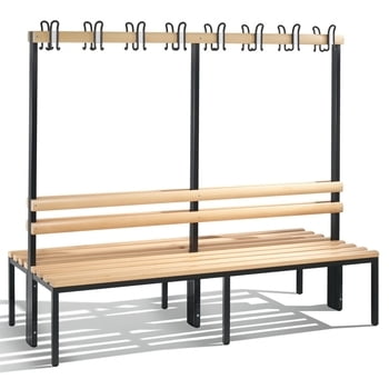 C+P Sitzbank für Umkleide und Garderobe, beidseitig, Rückenlehne, 16 Doppelhaken, Gestell lichtgrau, Hartholzleisten, 1.650 x 1.960 x 756 mm (HxBxT) C+P Sitzbank für Umkleide und Garderobe, beidseitig, Rückenlehne, 16 Doppelhaken, Gestell lichtgrau, Hartholzleisten, 1.650 x 1.960 x 756 mm (HxBxT)