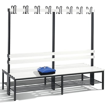 C+P Sitzbank, Umkleide, beidseitig, Rückenlehne, 16 Doppelhaken, Schuhrost, Gestell schwarzgrau, Kunststoffleisten , 1.650 x 1.960 x 756 mm (HxBxT) C+P Sitzbank, Umkleide, beidseitig, Rückenlehne, 16 Doppelhaken, Schuhrost, Gestell schwarzgrau, Kunststoffleisten , 1.650 x 1.960 x 756 mm (HxBxT)