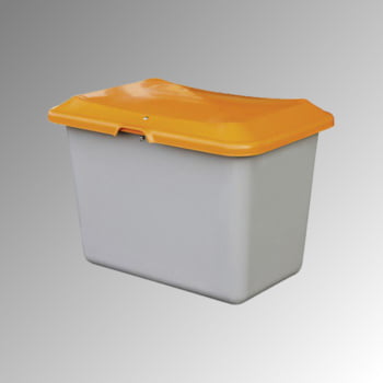 Streugutbehälter für Streusalz, Winterstreumittel, Futtermittel, 200 l Volumen, 640 x 890 x 600 mm (HxBxT), GFK, grau/orange Streugutbehälter für Streusalz, Winterstreumittel, Futtermittel, 200 l Volumen, 640 x 890 x 600 mm (HxBxT), GFK, grau/orange