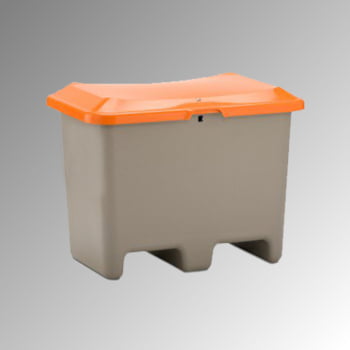 Streugutbehälter für Streusalz, Futtermittel, mit Staplersockel (Einfahrtaschen), 200 l Volumen, 690 x 890 x 600 mm (HxBxT), grau/orange, aus GFK Streugutbehälter für Streusalz, Futtermittel, mit Staplersockel (Einfahrtaschen), 200 l Volumen, 690 x 890 x 600 mm (HxBxT), grau/orange, aus GFK