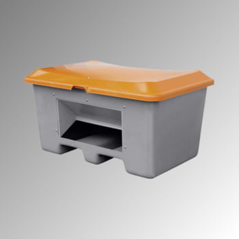 Streugutbehälter für Streusalz, Futtermittel, Entnahmeöffnung und Staplersockel, 400 l Volumen, 680 x 1.210 x 820 mm (HxBxT), grau/orange, aus GFK Streugutbehälter für Streusalz, Futtermittel, Entnahmeöffnung und Staplersockel, 400 l Volumen, 680 x 1.210 x 820 mm (HxBxT), grau/orange, aus GFK