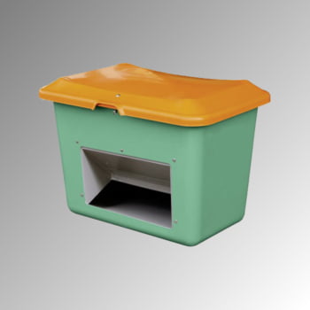 Streugutbehälter für Streusalz, Winterstreumittel, Futtermittel, mit Entnahmeöffnung, 200 l Volumen, 640 x 890 x 600 mm (HxBxT), grün/orange GFK Streugutbehälter für Streusalz, Winterstreumittel, Futtermittel, mit Entnahmeöffnung, 200 l Volumen, 640 x 890 x 600 mm (HxBxT), grün/orange GFK