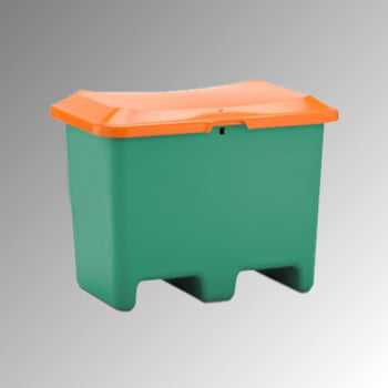Streugutbehälter für Streusalz, Futtermittel, mit Staplersockel (Einfahrtaschen), 200 l Volumen, 690 x 890 x 600 mm (HxBxT), grün/orange, aus GFK Streugutbehälter für Streusalz, Futtermittel, mit Staplersockel (Einfahrtaschen), 200 l Volumen, 690 x 890 x 600 mm (HxBxT), grün/orange, aus GFK