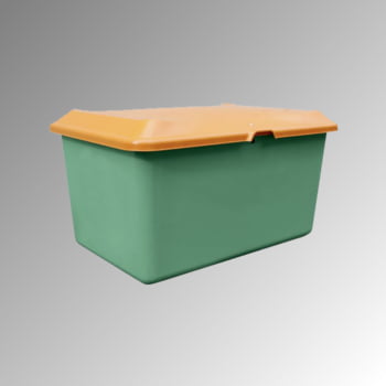 Streugutbehälter für Streusalz, Winterstreumittel, Futtermittel, 400 l Volumen, 670 x 1.210 x 820 mm (HxBxT), GFK, grün/orange Streugutbehälter für Streusalz, Winterstreumittel, Futtermittel, 400 l Volumen, 670 x 1.210 x 820 mm (HxBxT), GFK, grün/orange