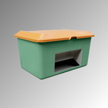 Streugutbehälter für Streusalz, Winterstreumittel, Futtermittel, mit Entnahmeöffnung, 400 l Volumen, 670 x 1.210 x 820 mm (HxBxT), grün/orange GFK Streugutbehälter für Streusalz, Winterstreumittel, Futtermittel, mit Entnahmeöffnung, 400 l Volumen, 670 x 1.210 x 820 mm (HxBxT), grün/orange GFK