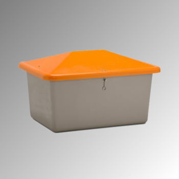 Streugutbehälter für Streusalz, Winterstreumittel, Futtermittel, 550 l Volumen, 780 x 1.340 x 990 mm (HxBxT), GFK, grau/orange Streugutbehälter für Streusalz, Winterstreumittel, Futtermittel, 550 l Volumen, 780 x 1.340 x 990 mm (HxBxT), GFK, grau/orange