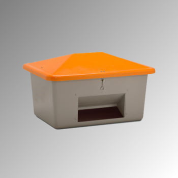 Streugutbehälter für Streusalz, Winterstreumittel, Futtermittel, mit Entnahmeöffnung, 550 l Volumen, 780 x 1.340 x 990 mm (HxBxT), grau/orange GFK Streugutbehälter für Streusalz, Winterstreumittel, Futtermittel, mit Entnahmeöffnung, 550 l Volumen, 780 x 1.340 x 990 mm (HxBxT), grau/orange GFK