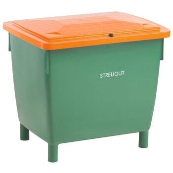 HDPE Universalbehälter für Streugut und andere Stoffe, robust und abschließbar, 210 l Volumen, 775 x 790 x 605 mm (HxBxT), grün/orange HDPE Universalbehälter für Streugut und andere Stoffe, robust und abschließbar, 210 l Volumen, 775 x 790 x 605 mm (HxBxT), grün/orange