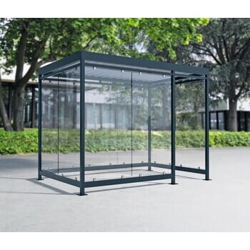 Raucherunterstand, Fahrgastunterstand, Bushaltestelle, Flachdach, für 6-7 Personen, grau, ESG, 2.510 x 3.180 x 2.165 mm (HxBxT), Typengeprüft Raucherunterstand, Fahrgastunterstand, Bushaltestelle, Flachdach, für 6-7 Personen, grau, ESG, 2.510 x 3.180 x 2.165 mm (HxBxT), Typengeprüft