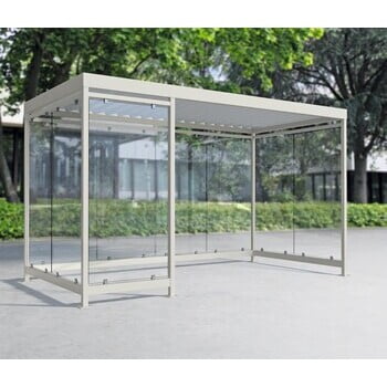Raucherunterstand, Fahrgastunterstand, Bushaltestelle, Flachdach, für 8-10 Personen, verkehrsweiß, ESG, 2.510 x 4.165 x 2.165 mm (HxBxT), Typengeprüft Raucherunterstand, Fahrgastunterstand, Bushaltestelle, Flachdach, für 8-10 Personen, verkehrsweiß, ESG, 2.510 x 4.165 x 2.165 mm (HxBxT), Typengeprüft