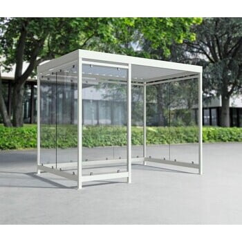 Raucherunterstand, Fahrgastunterstand, Bushaltestelle, Flachdach, für 6-7 Personen, verkehrsweiß, ESG, 2.510 x 3.180 x 2.165 mm (HxBxT), Typengeprüft Raucherunterstand, Fahrgastunterstand, Bushaltestelle, Flachdach, für 6-7 Personen, verkehrsweiß, ESG, 2.510 x 3.180 x 2.165 mm (HxBxT), Typengeprüft