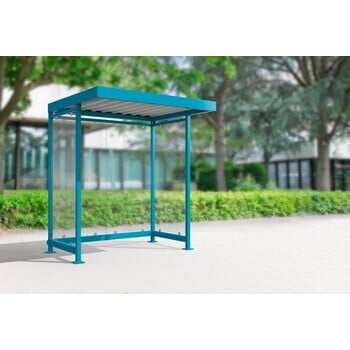 Raucherunterstand, Fahrgastunterstand, Bushaltestelle, Flachdach, für 2-3 Personen, enzianblau, ESG, 2.510 x 2.165 x 1.800 mm (HxBxT), Typengeprüft Raucherunterstand, Fahrgastunterstand, Bushaltestelle, Flachdach, für 2-3 Personen, enzianblau, ESG, 2.510 x 2.165 x 1.800 mm (HxBxT), Typengeprüft