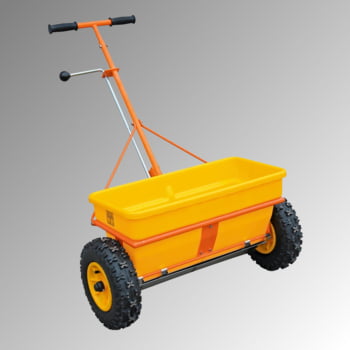 Kastenstreuer, Streuwagen, Salzstreuer, Düngewagen, Saatgut, 35 l Volumen, Edelstahl und Polyetylen, bis zu 600 mm Streubreite regelbar, luftbereift Kastenstreuer, Streuwagen, Salzstreuer, Düngewagen, Saatgut, 35 l Volumen, Edelstahl und Polyetylen, bis zu 600 mm Streubreite regelbar, luftbereift