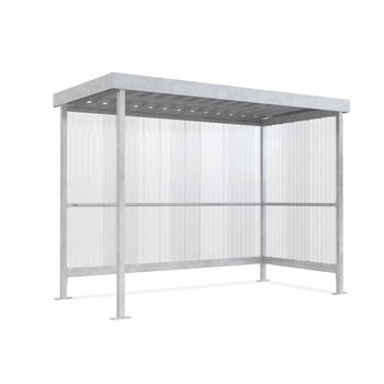 Raucherunterstand, Fahrradunterstand, Raucherecke, Flachdach, für 4-5 Personen, feuerverzinkt, Stahl/PVC, 2.360 x 2.960 x 1.580 mm (HxBxT), Bausatz Raucherunterstand, Fahrradunterstand, Raucherecke, Flachdach, für 4-5 Personen, feuerverzinkt, Stahl/PVC, 2.360 x 2.960 x 1.580 mm (HxBxT), Bausatz