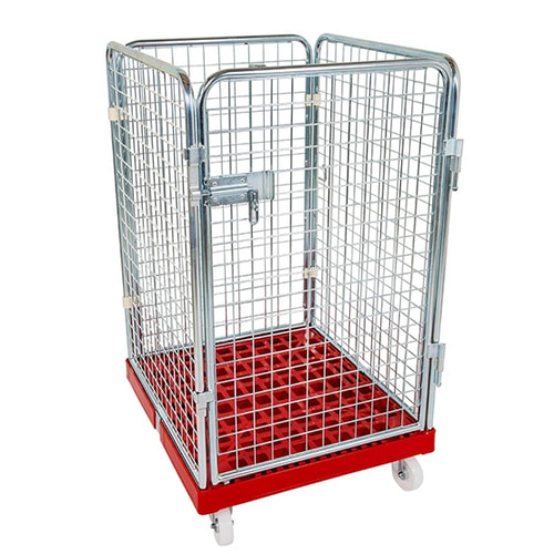 Die Abbildung zeigt den Drahtgitterwagen mit Kunststoffboden in der Farbe Feuerrot (RAL 3000)