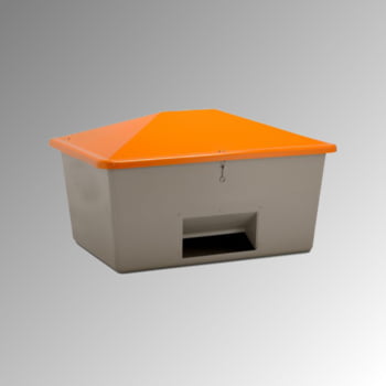 Streugutbehälter für Streusalz, Winterstreumittel, Futtermittel, mit Entnahmeöffnung, 1.100 l Volumen, 1.010 x 1.630 x 1.210 mm (HxBxT), grau/orange Streugutbehälter für Streusalz, Winterstreumittel, Futtermittel, mit Entnahmeöffnung, 1.100 l Volumen, 1.010 x 1.630 x 1.210 mm (HxBxT), grau/orange