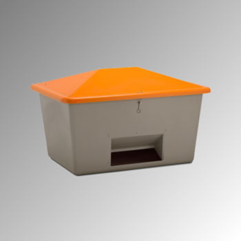 Streugutbehälter für Streusalz, Winterstreumittel, Futtermittel, mit Entnahmeöffnung, 1.500 l Volumen, 1.040 x 1.840 x 1.430 mm (HxBxT), grau/orange Streugutbehälter für Streusalz, Winterstreumittel, Futtermittel, mit Entnahmeöffnung, 1.500 l Volumen, 1.040 x 1.840 x 1.430 mm (HxBxT), grau/orange