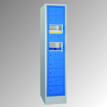 Schließfachschrank - 10 Fächer a 315 mm - 1.850x400x500 mm (HxBxT) - Sockel - Zylinderschloss - lichtgrau/enzianblau Schließfachschrank - 10 Fächer a 315 mm - 1.850x400x500 mm (HxBxT) - Sockel - Zylinderschloss - lichtgrau/enzianblau