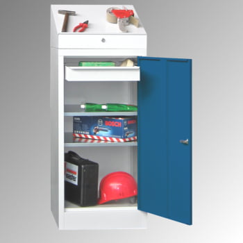 Stehpult mit Schrank - Vollblechtür - Zylinderschloss - 2 Einlegeböden, 1 Schublade - 1.270x500x500 mm (HxBxT) - lichtgrau/enzianblau Stehpult mit Schrank - Vollblechtür - Zylinderschloss - 2 Einlegeböden, 1 Schublade - 1.270x500x500 mm (HxBxT) - lichtgrau/enzianblau