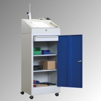Stehpult, fahrbar - 2 Einlegeböden, 1 Schublade - Vollblechtür - Zylinderschloss - 1.330x500x500 mm (HxBxT) - enzianblau Stehpult, fahrbar - 2 Einlegeböden, 1 Schublade - Vollblechtür - Zylinderschloss - 1.330x500x500 mm (HxBxT) - enzianblau