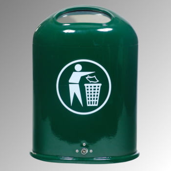 Ovaler Abfallbehälter mit Federklappe - mit Aufkleber - Pfosten-/Wandmontage - 45l - feuerverzinkt Ovaler Abfallbehälter mit Federklappe - mit Aufkleber - Pfosten-/Wandmontage - 45l - feuerverzinkt