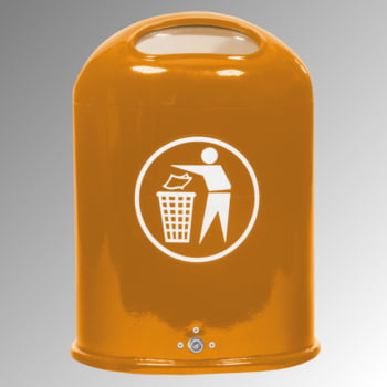 Ovaler Abfallbehälter mit Federklappe - mit Aufkleber - Pfosten-/Wandmontage - 45l - gelborange Ovaler Abfallbehälter mit Federklappe - mit Aufkleber - Pfosten-/Wandmontage - 45l - gelborange