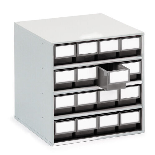 Zeigt das Schubladenmagazin in der Gehäusefarbe Lichtgrau (RAL 7035) und Schubladenfarbe Betongrau (RAL 7023) mit 16 Fächern.