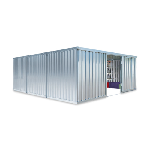 Anwendungsbeispiel als Lagercontainer ohne Holzboden mit Einflügeltür. Die Mehrzweckboxen sowie die Fachebenen sind nicht im Lieferumfang enthalten. Optional erhalten Sie bei uns eine Doppelflügeltür sowie eine Außenwandlackierung gegen Aufpreis.