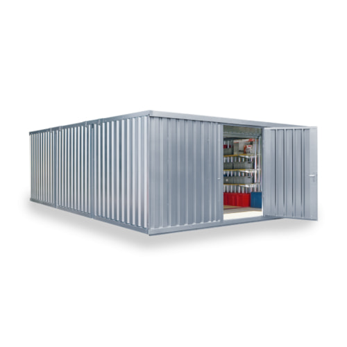 Anwendungsbeispiel als Lagercontainer mit Holzboden und Einflügeltür. Die Mehrzweckboxen sowie die Fachebenen sind nicht im Lieferumfang enthalten. Optional erhalten Sie bei uns eine Doppelflügeltür sowie eine Außenwandlackierung gegen Aufpreis.