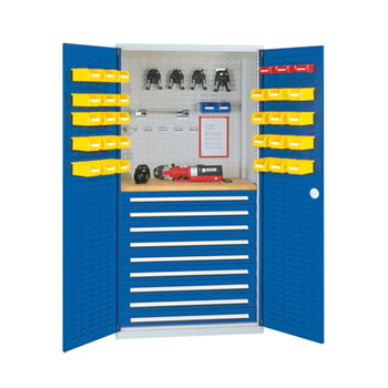 Werkzeugschrank - Schlitzplatten - 4 Schubladen - 1 Boden - Arbeitsplatte - grau/blau Produktbild 0 Werkzeugschrank - Schlitzplatten - 4 Schubladen - 1 Boden - Arbeitsplatte - grau/blau online kaufen - Verwendung 0