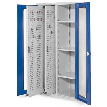 Werkzeugschrank - 2 Vertikalauszüge, 3 Fachböden - Farbe enzianblau, Türen mit Sichtfenstern, 1.950 x 1.000 x 600 mm (HxBxT) Produktbild 0 Werkzeugschrank - 2 Vertikalauszüge, 3 Fachböden - Farbe enzianblau, Türen mit Sichtfenstern, 1.950 x 1.000 x 600 mm (HxBxT) online kaufen - Verwendung 0