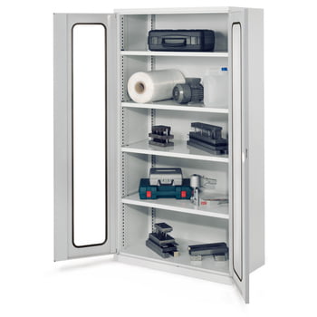 Schwerlastschrank - Türen mit Sichtfenster - 4 Böden - lichtgrau - 1950 x 100 x 600 mm (HxBxT) Produktbild 0 Schwerlastschrank - Türen mit Sichtfenster - 4 Böden - lichtgrau - 1950 x 100 x 600 mm (HxBxT) online kaufen - Verwendung 0