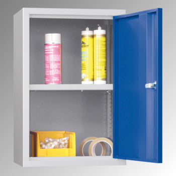 Stahl-Hängeschrank - 1 Vollblechtür - 600x400x300 mm (HxBxT) - lichtgrau/enzianblau Stahl-Hängeschrank - 1 Vollblechtür - 600x400x300 mm (HxBxT) - lichtgrau/enzianblau