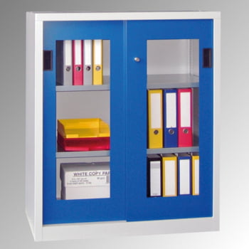 Schiebetürenschrank - Sichtfenstertüren - 1.000x1.000x600 mm (HxBxT) - 2 Böden, verzinkt - Zylinderschloss - lichtgrau/feuerrot Produktbild 0 Schiebetürenschrank - Sichtfenstertüren - 1.000x1.000x600 mm (HxBxT) - 2 Böden, verzinkt - Zylinderschloss - lichtgrau/feuerrot online kaufen - Verwendung 0